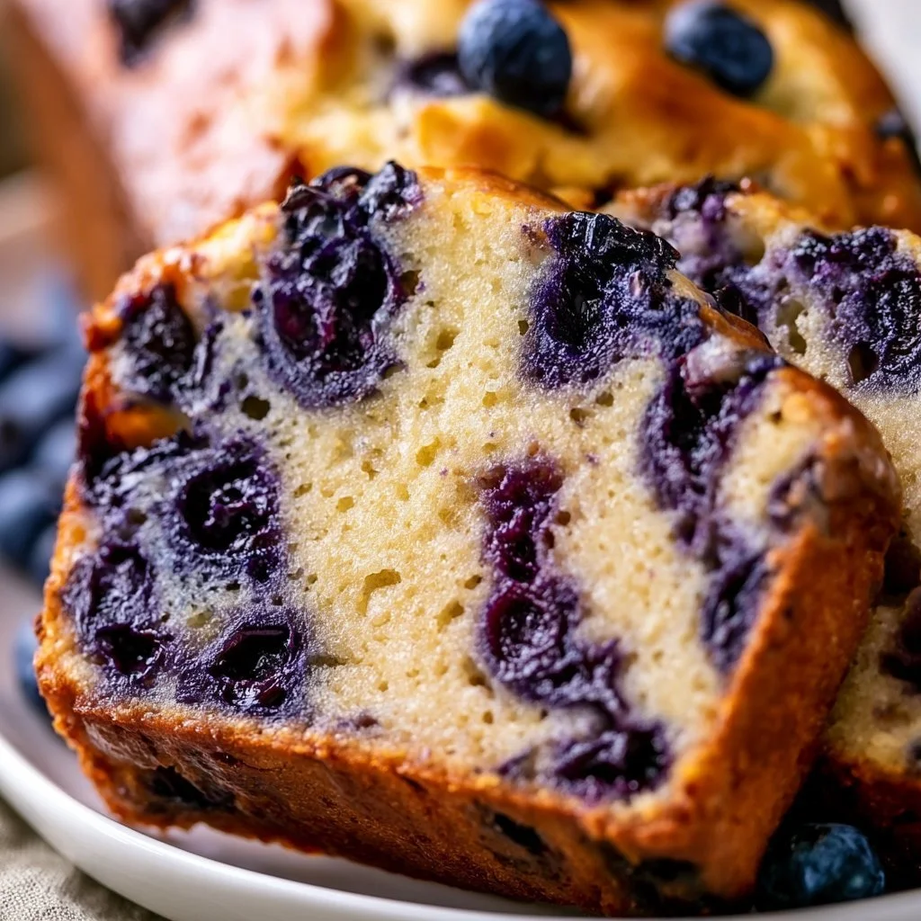 Delicious slice of blueberry banana bread on a wooden cutting board