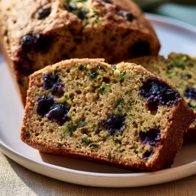 Freshly baked blueberry zucchini bread slice on a wooden table