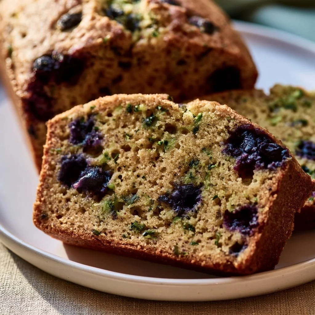 Freshly baked blueberry zucchini bread slice on a wooden table