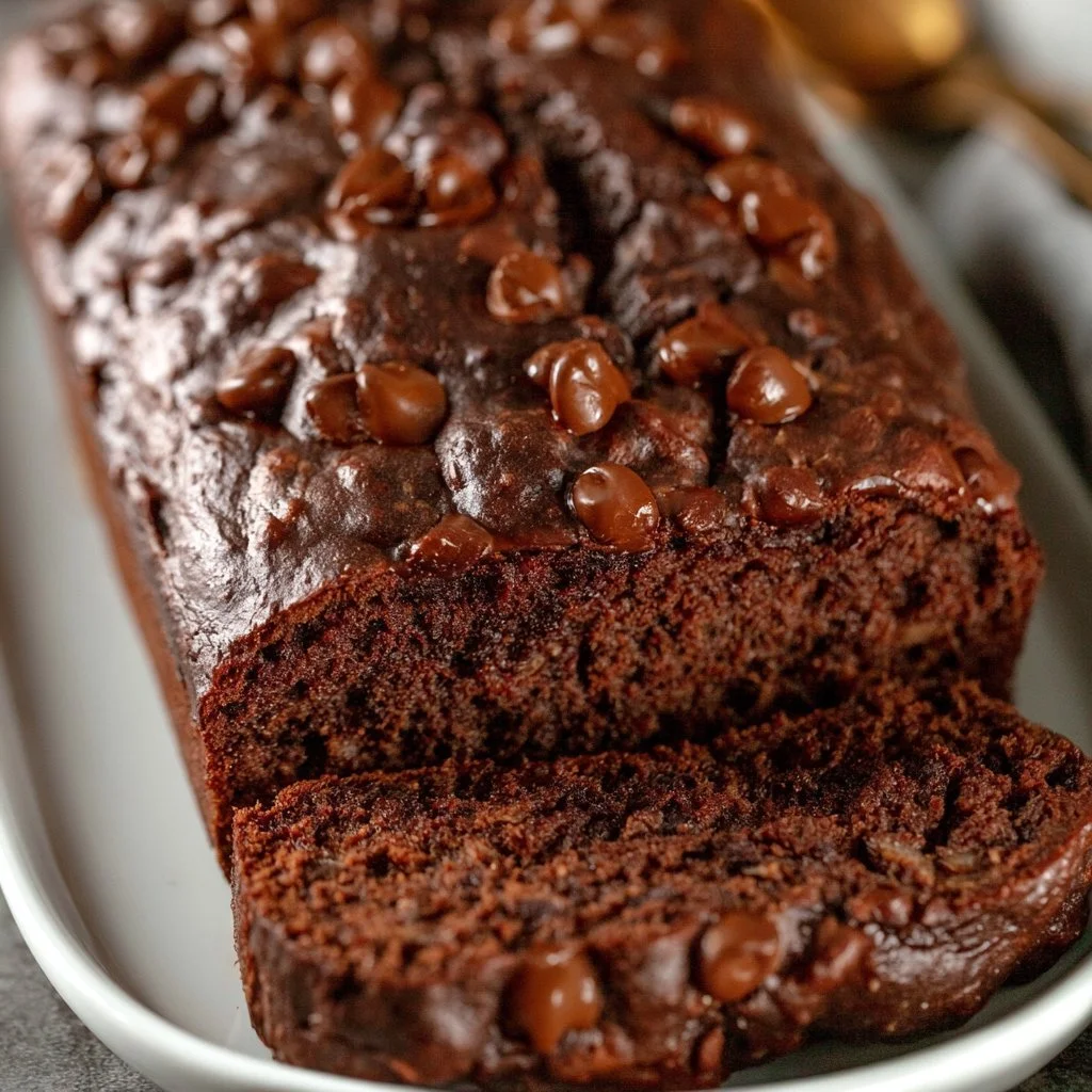 Delicious chocolate banana bread with chocolate chips and banana slices