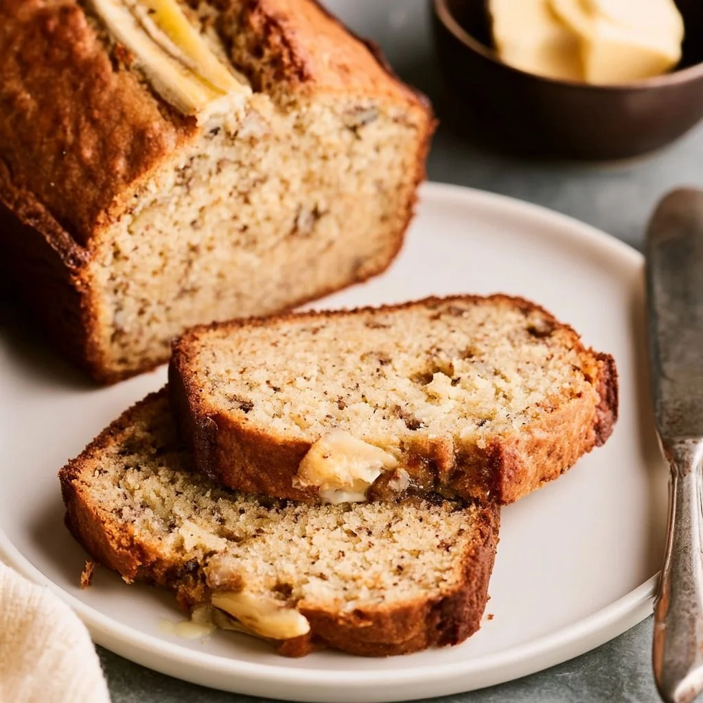 Slice of classic banana bread on a wooden board with a banana beside it