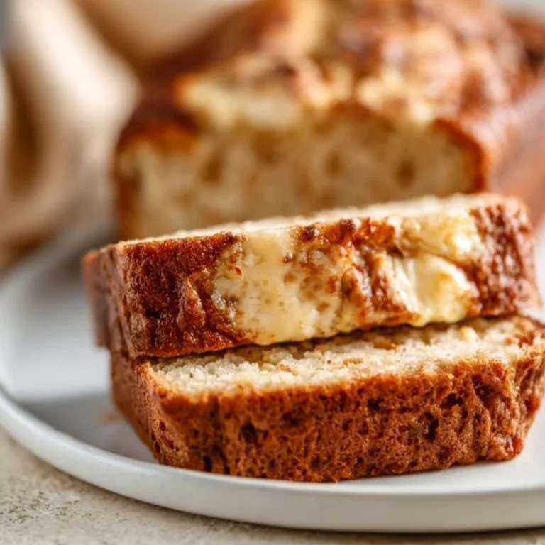 Delicious slice of cream cheese banana bread served on a plate.