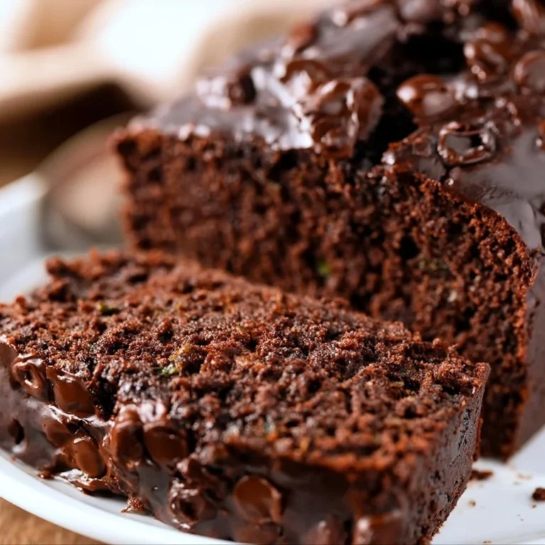 Double chocolate chip zucchini bread fresh out of the oven with chocolate chunks