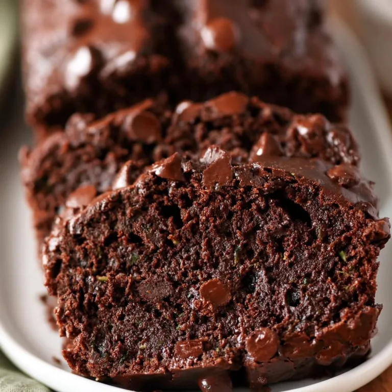 Slice of double chocolate zucchini bread topped with chocolate chips
