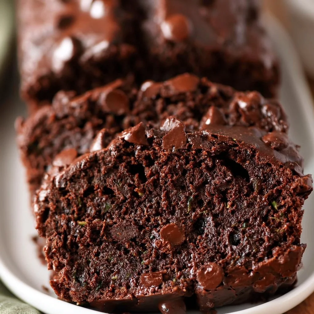 Slice of double chocolate zucchini bread topped with chocolate chips