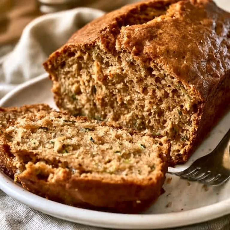 Slice of easy and moist zucchini bread on a wooden cutting board