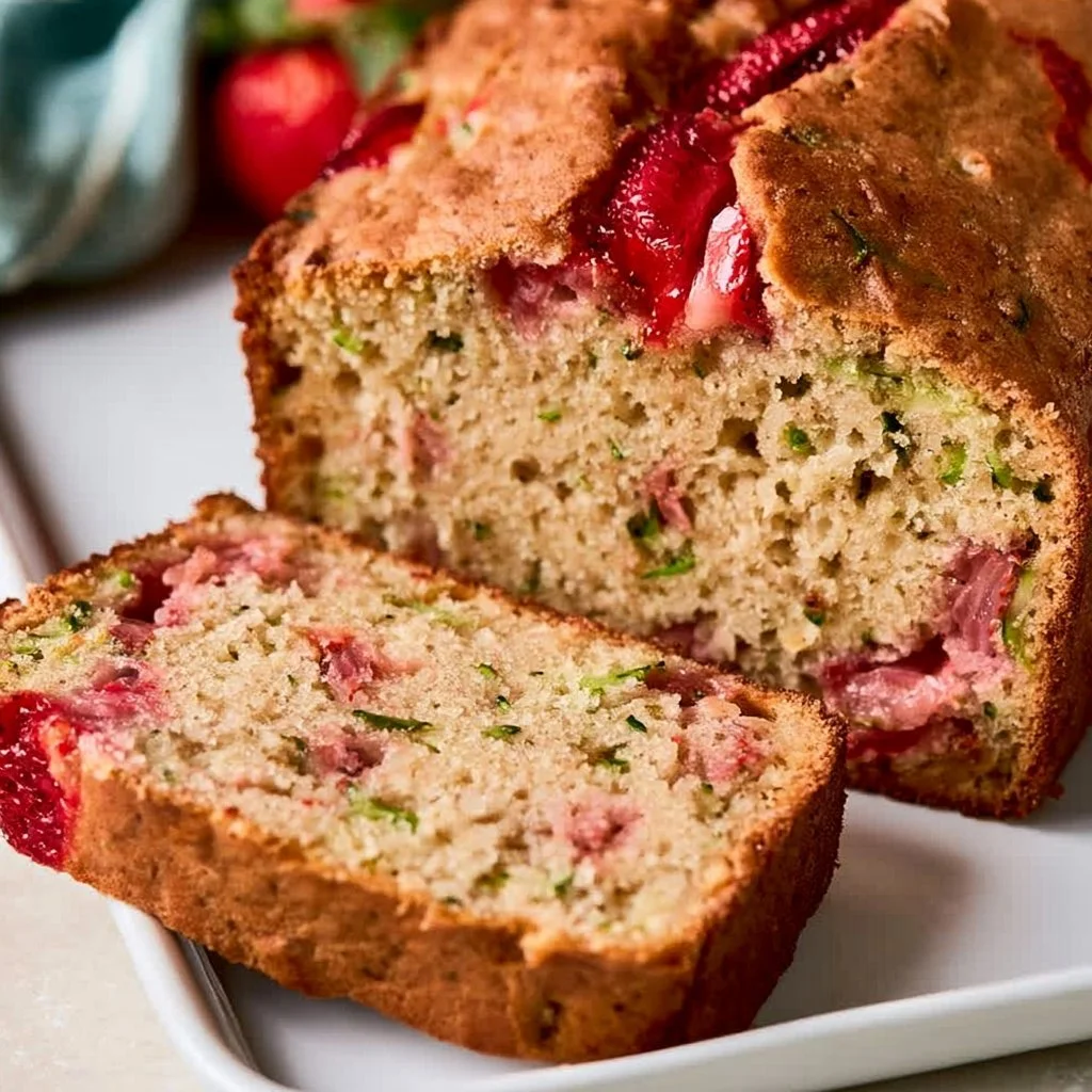 Slice of easy strawberry zucchini bread on a wooden cutting board