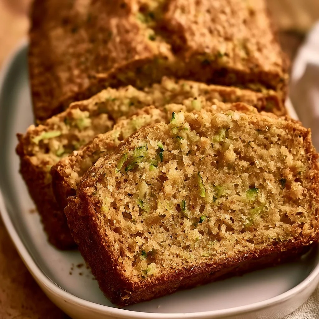 Sliced easy zucchini bread on a wooden cutting board