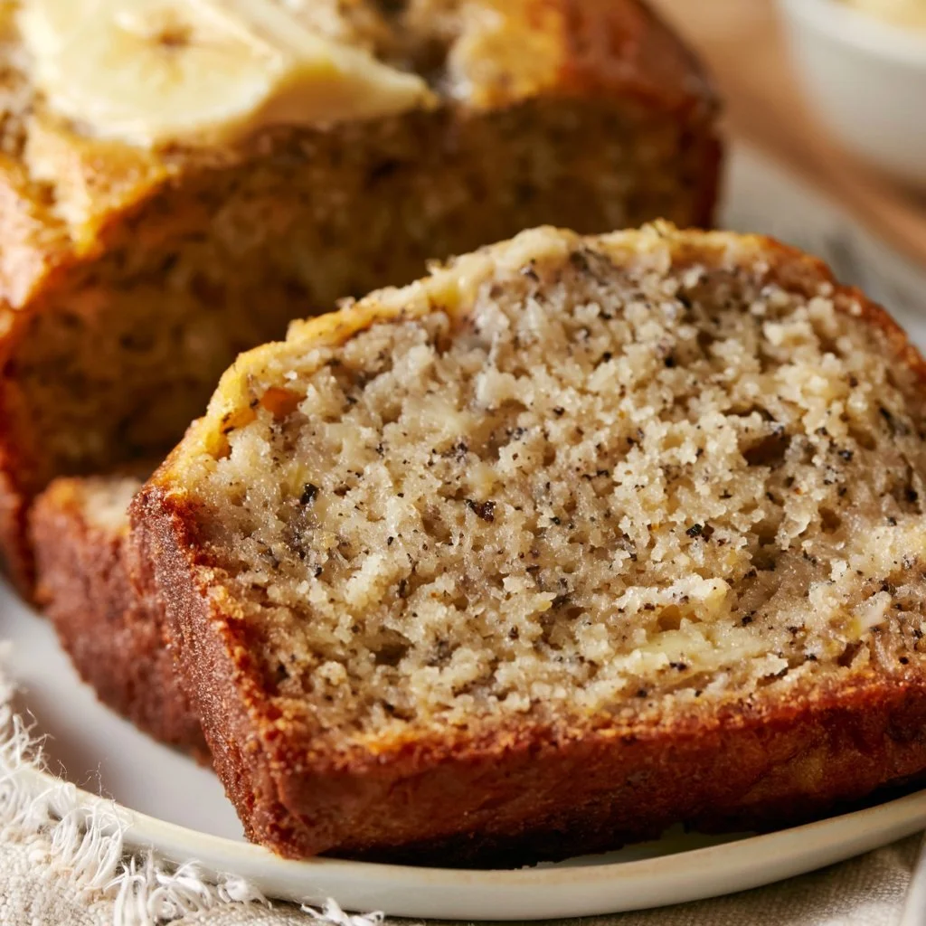 Slice of extra moist banana bread on a wooden board, topped with walnuts.