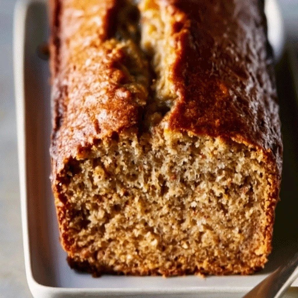 Slice of Grandma's Classic Banana Bread on a plate with bananas in the background.