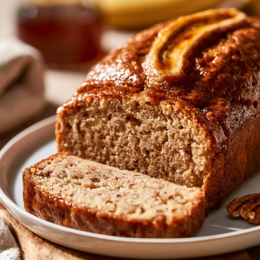 Maple Cinnamon Banana Bread loaf with a drizzle of maple syrup