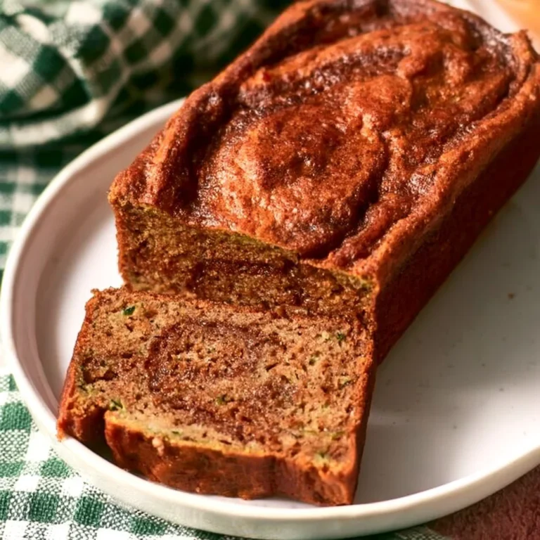 Loaf of moist cinnamon swirl zucchini bread on a wooden cutting board