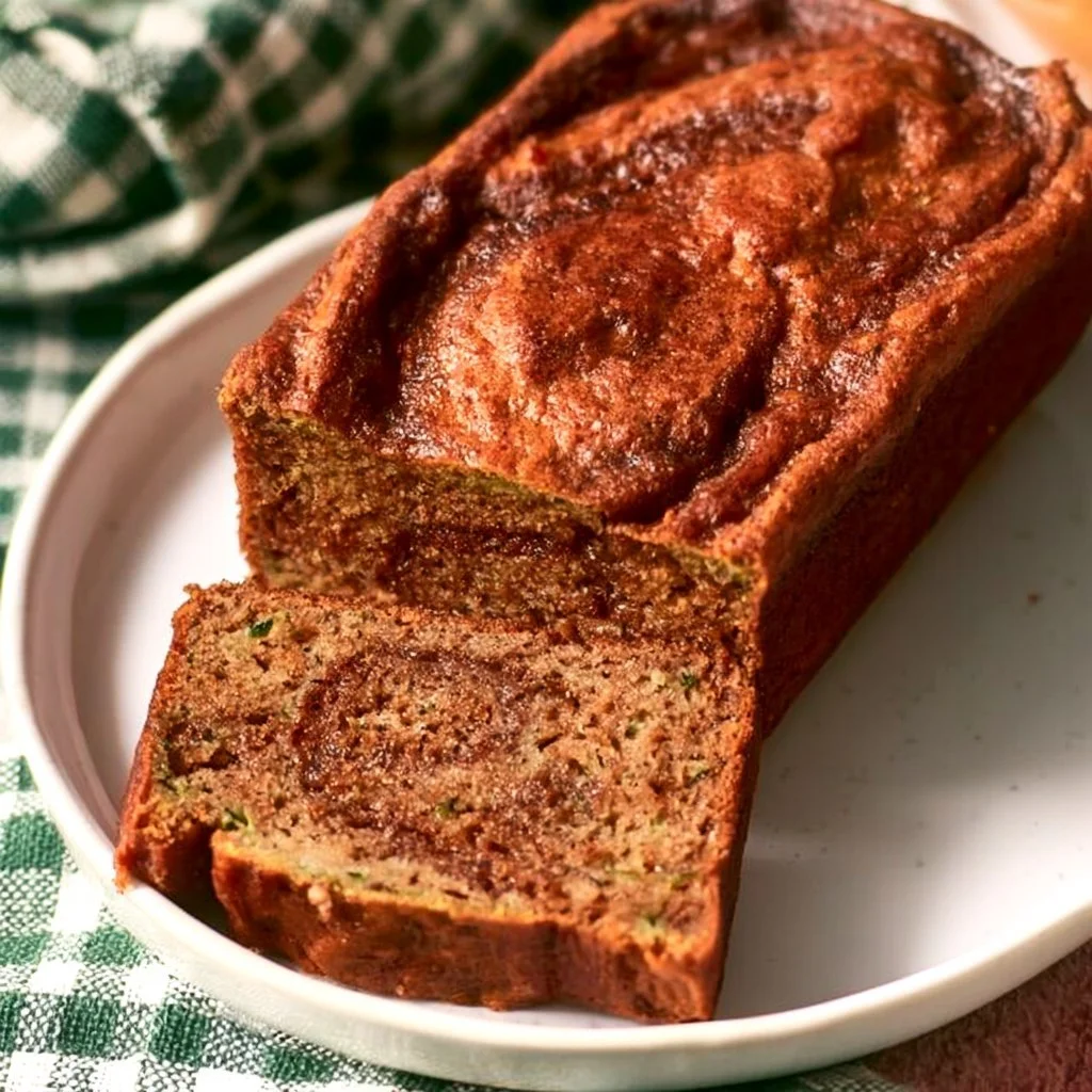 Loaf of moist cinnamon swirl zucchini bread on a wooden cutting board