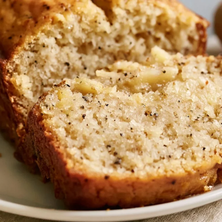 Moist pineapple banana bread loaf on a wooden table with sliced pieces