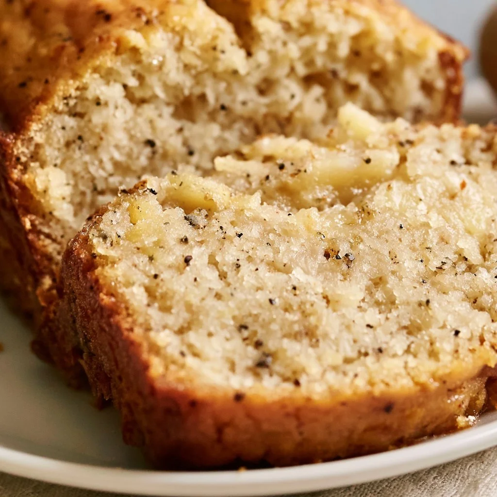 Moist pineapple banana bread loaf on a wooden table with sliced pieces