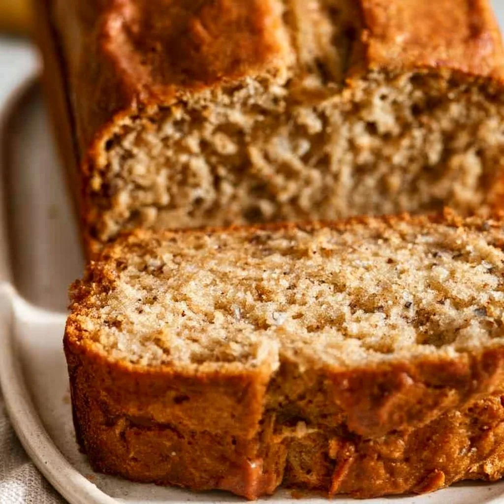 Delicious sour cream banana bread slice on a wooden table