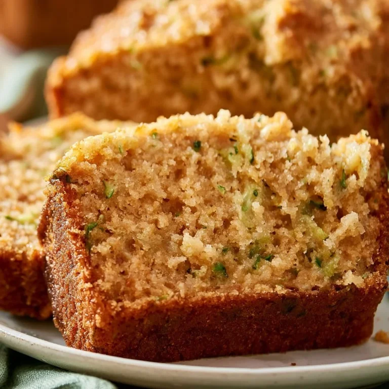 Slice of super moist zucchini bread on a wooden table