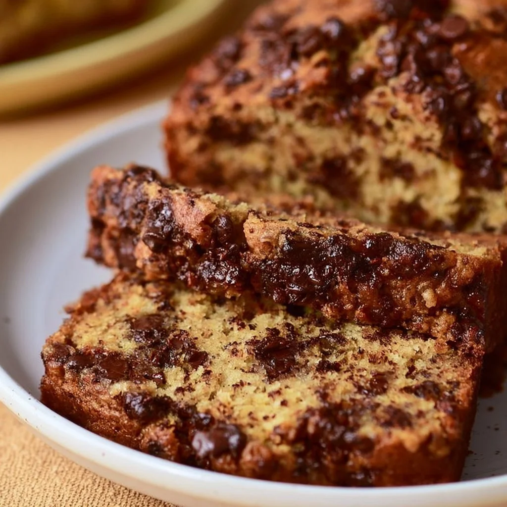 Loaf of chocolate chip banana bread with slices on a wooden table