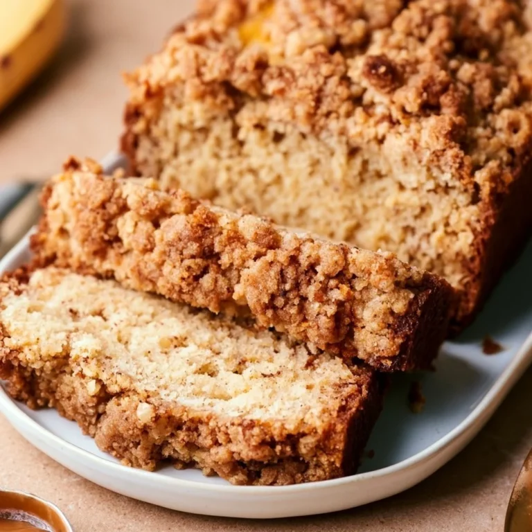 Delicious banana bread with a golden streusel topping on a wooden table