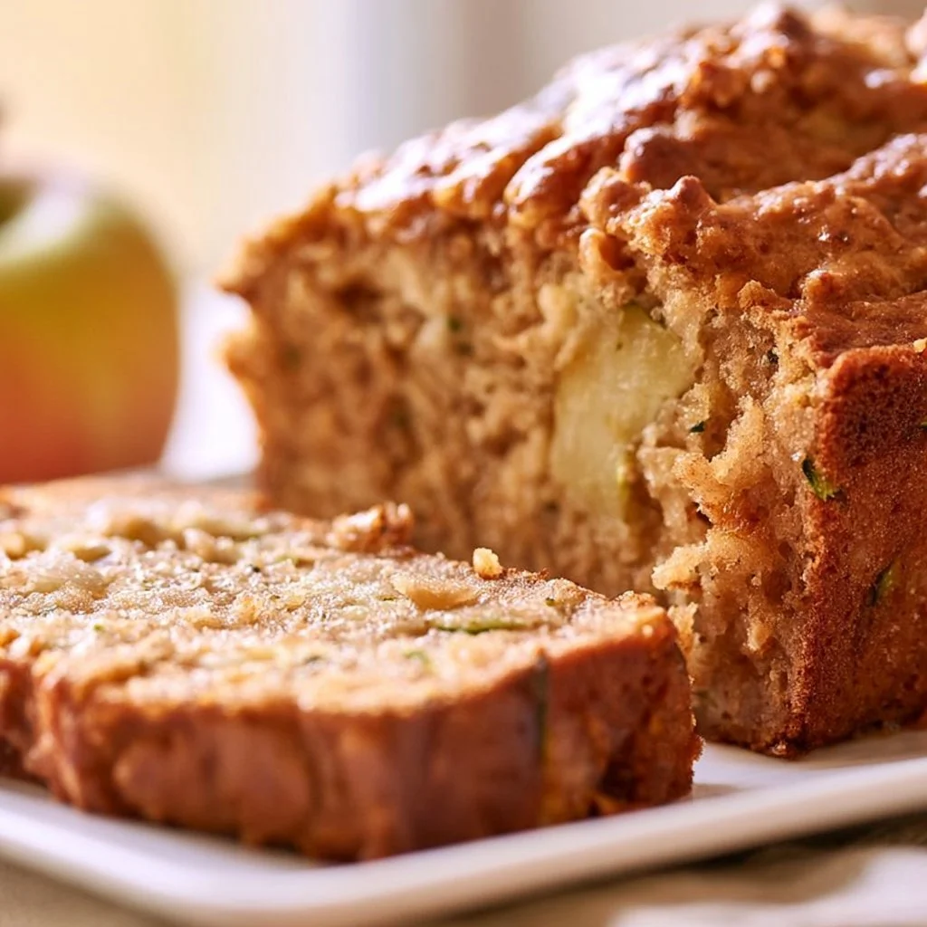 Delicious slice of apple zucchini bread on a wooden board