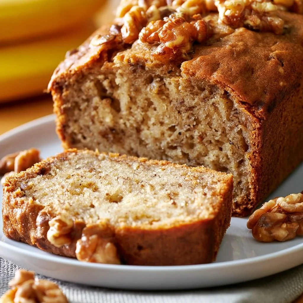 Slice of ultimate banana nut bread on a wooden cutting board